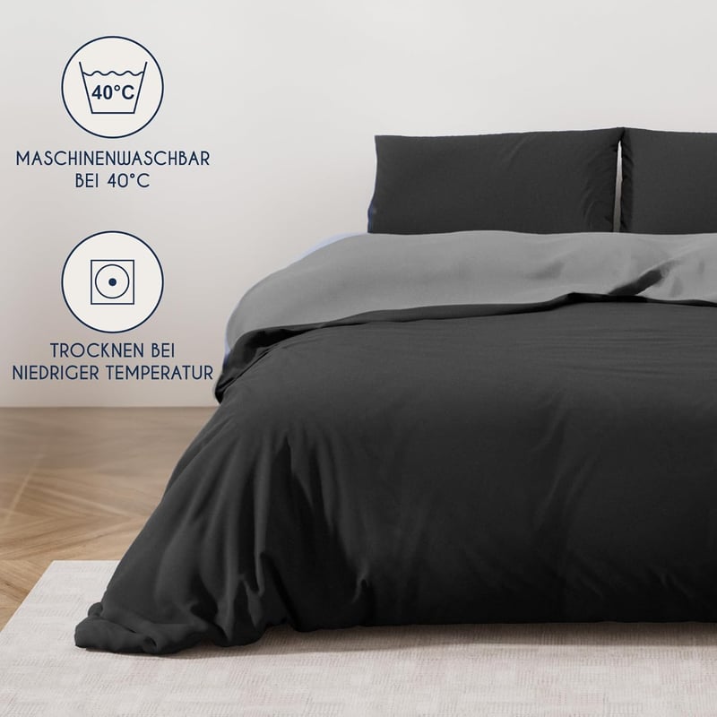 Set lenjerie de pat din microfibră Dreamzie 240x220 cm Negru-Gri Închis cu 2 fețe de pernă