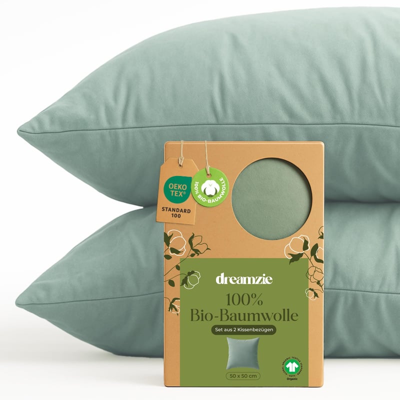 Obliečky na vankúš Dreamzie 50x50 cm 2 ks – 100% organická bavlna, zelené, so zipsom, certifikát Oeko-Tex