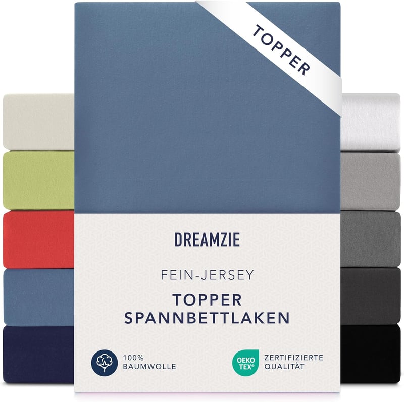 Dreamzie Prémium Jersey Pamut Lepedő Matracvédőre 140x200-160x200 cm - Kék, Extra Alacsony Oldalmagasság, OEKO-TEX Tanúsítvány, Könnyen Tisz