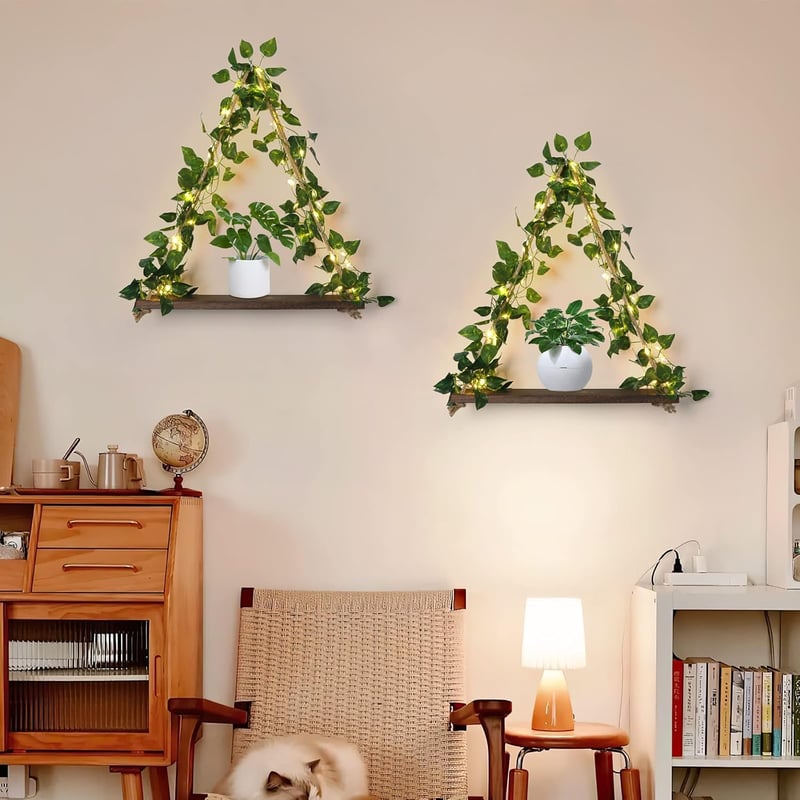 Dremisland 2 db Makramé Fali Polc LED Szalaggal Boho Stílusban