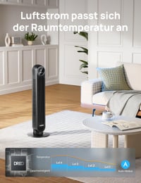Tichý stojanový ventilátor DREO 307, dosah 10 m, 8 rýchlostí, 4 režimy, 90° oscilácia, 8-hodinový časovač, LED displej, diaľkové ovládanie, čierny 5