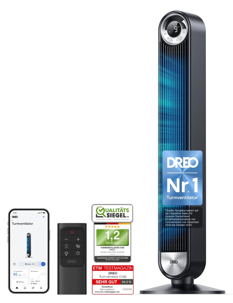 Inteligentný stĺpový ventilátor DREO Cruiser Pro T2S, 106 cm, tichý chod 25 dB, 9 rýchlostí, 4 režimy, oscilácia 90°, 12-hodinový časovač, diaľkové ovládanie, hlasové ovládanie, čierny