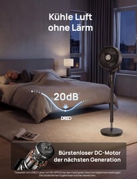Tichý stojanový ventilátor DREO do spálne, prietok vzduchu 27 m, oscilácia 90°, jednosmerný motor, 8 rýchlostí, 3 režimy, výška 96 – 106 cm, 8-hodinový časovač, sklon 105° 4