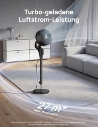 Tichý stojanový ventilátor DREO do spálne, prietok vzduchu 27 m, oscilácia 90°, jednosmerný motor, 8 rýchlostí, 3 režimy, výška 96 – 106 cm, 8-hodinový časovač, sklon 105° 3