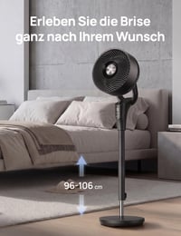 Tichý stojanový ventilátor DREO do spálne, prietok vzduchu 27 m, oscilácia 90°, jednosmerný motor, 8 rýchlostí, 3 režimy, výška 96 – 106 cm, 8-hodinový časovač, sklon 105° 8