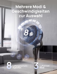Tichý stojanový ventilátor DREO do spálne, prietok vzduchu 27 m, oscilácia 90°, jednosmerný motor, 8 rýchlostí, 3 režimy, výška 96 – 106 cm, 8-hodinový časovač, sklon 105° 6