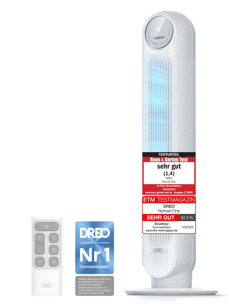 Stĺpový ventilátor DREO Nomad One, tichý, 90° oscilácia, 4 rýchlosti, 4 režimy, 8-hodinový časovač, s diaľkovým ovládaním, 92 cm, čierny
