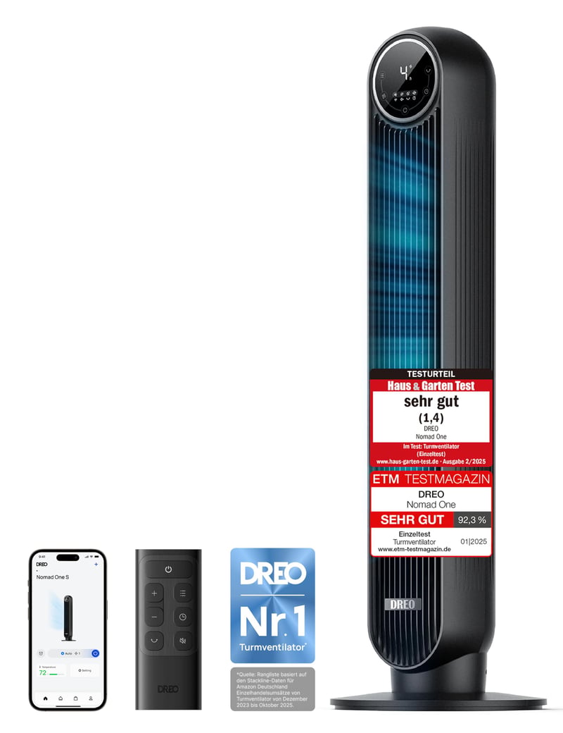 DREO Nomad One S pametni tihi toranjski ventilator, kontrola putem aplikacije i glasa, oscilacija 90°, s daljinskim upravljačem, 4 načina rada, 4 brzine, timer od 8 sati, crni