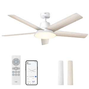 DREO Pametni stropni ventilator sa svjetlom, 132 cm, 12 brzina (aplikacija), 3 načina rada, podesivo LED osvjetljenje, tihi DC motor, timer od 12 sati, daljinski upravljač/Alexa, bijeli