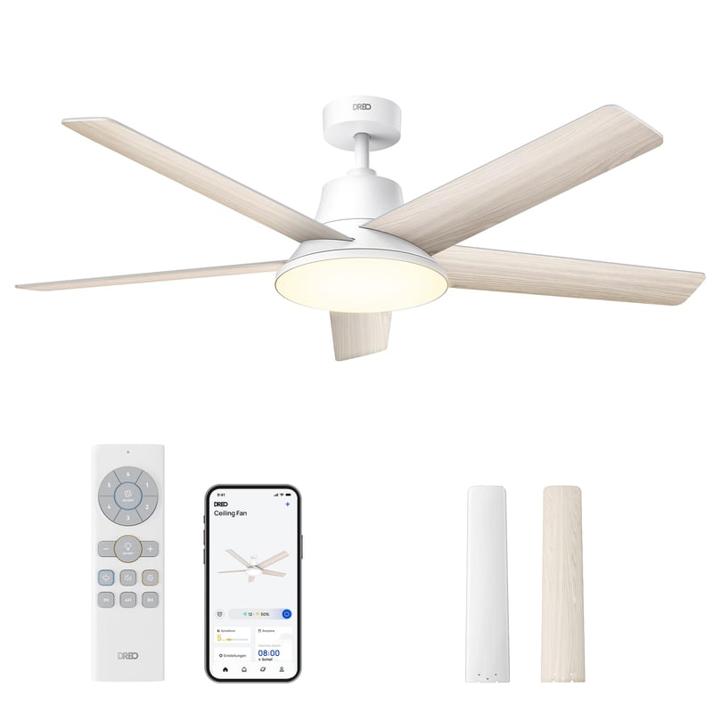 Inteligentný stropný ventilátor DREO so svetlom, 132 cm, 12 rýchlostí (aplikácia), 3 režimy, stmievateľné LED osvetlenie, tichý jednosmerný motor, 12-hodinový časovač, diaľkové ovládanie/Alexa, biely