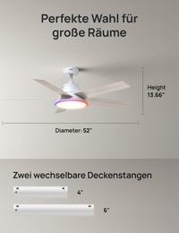 Inteligentný stropný ventilátor DREO so svetlom, 132 cm, 12 rýchlostí, 3 režimy, plynulé stmievanie LED svetla, tichý jednosmerný motor (DC), 12-hodinový časovač, diaľkové ovládanie/aplikácia/Alexa, biely 10