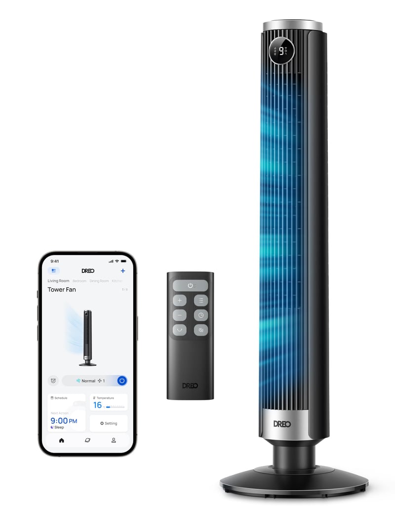 DREO Smart Állítható Magasságú Oszlopventilátor, 102-114 cm, DC Motor, 9 Fokozat, 4 Mód, 90° Oszcilláció, 20dB Csendes, 12H Timer, Google/Alexa