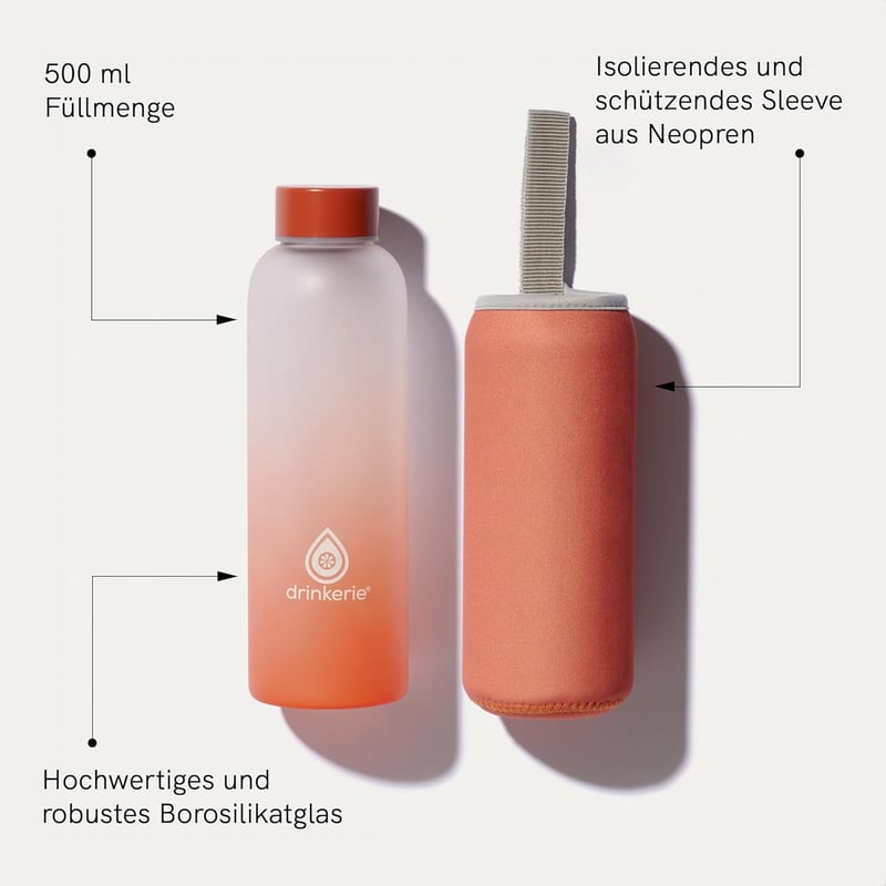 drinkerie 500 ml narancssárga üveg kulacs szilikon fogóval, szellőzővel és szűrővel