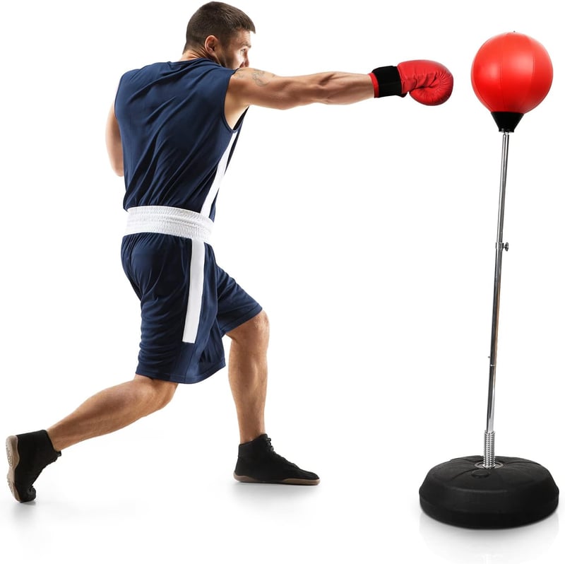 Dripex Állítható Magasságú Boxzsák Szett Felnőtteknek - Edzőállvány Speedball Labdával és Boxkesztyűvel, PU Bőr, Piros - red, L