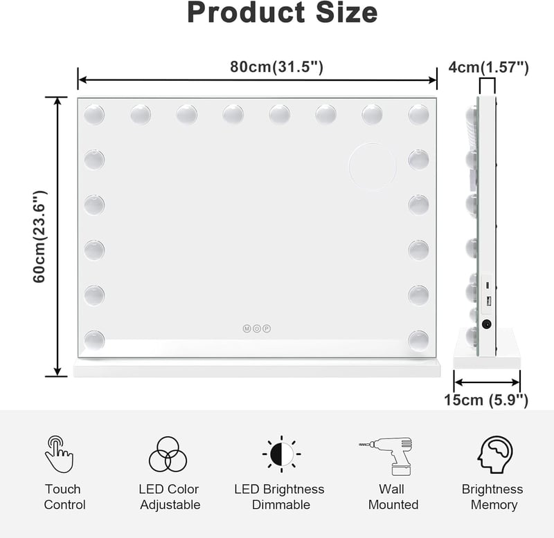 Dripex Világító Sminkespegel 80x60cm, 18 LED, 3 Fénymód, Érintésvezérlés, 5x Nagyítás