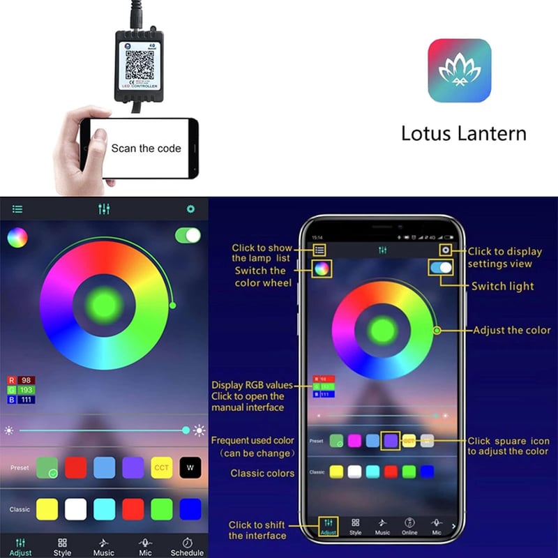 DriSubt LED Alváz Világítás Szett 4 db (2x60+2x90 cm) - Bluetooth Applikációs Vezérlés, 64 Üzemmód, RGB 16 Millió Szín, IP68 Vízálló, Autó D