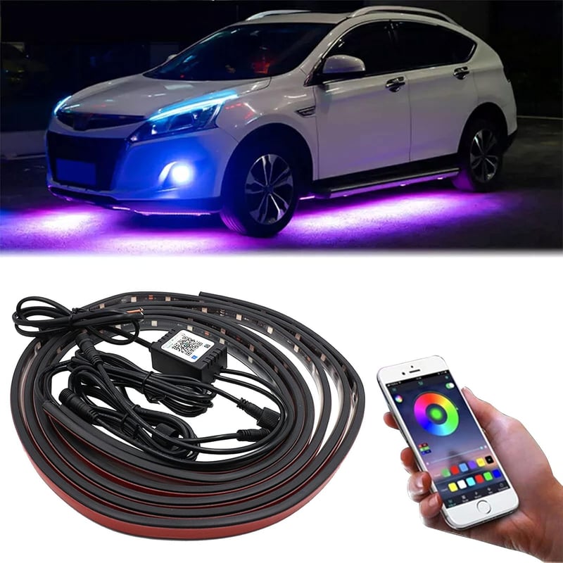 DriSubt LED Alváz Világítás Szett 4 db (2x60+2x90 cm) - Bluetooth Applikációs Vezérlés, 64 Üzemmód, RGB 16 Millió Szín, IP68 Vízálló, Autó D