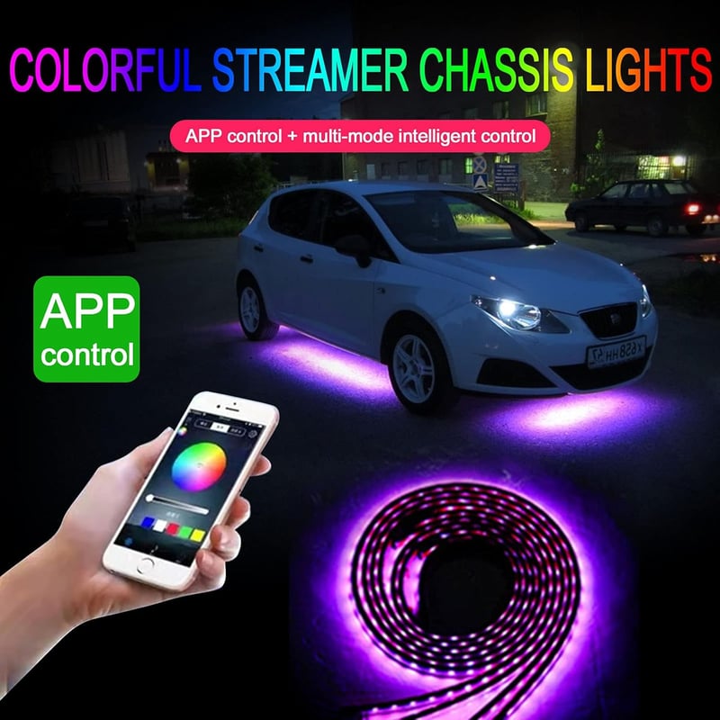 DriSubt LED Alváz Világítás Szett 4 db (2x60+2x90 cm) - Bluetooth Applikációs Vezérlés, 64 Üzemmód, RGB 16 Millió Szín, IP68 Vízálló, Autó D