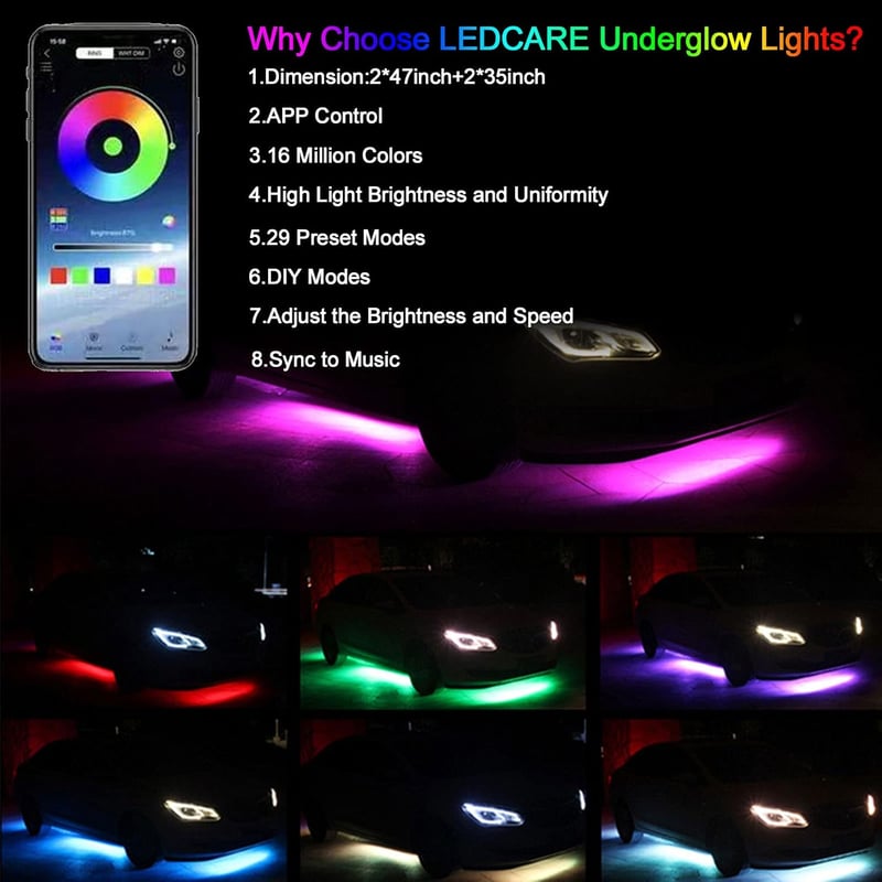 DriSubt LED Alváz Világítás Szett 4 db (2x60+2x90 cm) - Bluetooth Applikációs Vezérlés, 64 Üzemmód, RGB 16 Millió Szín, IP68 Vízálló, Autó D
