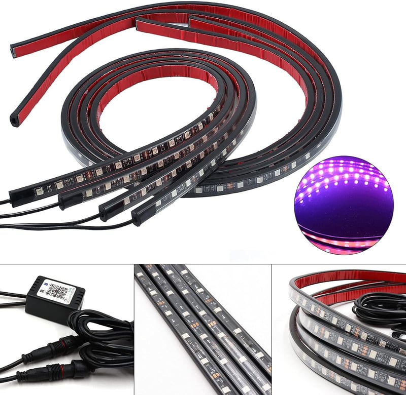 DriSubt LED Alváz Világítás Szett 4 db (2x60+2x90 cm) - Bluetooth Applikációs Vezérlés, 64 Üzemmód, RGB 16 Millió Szín, IP68 Vízálló, Autó D