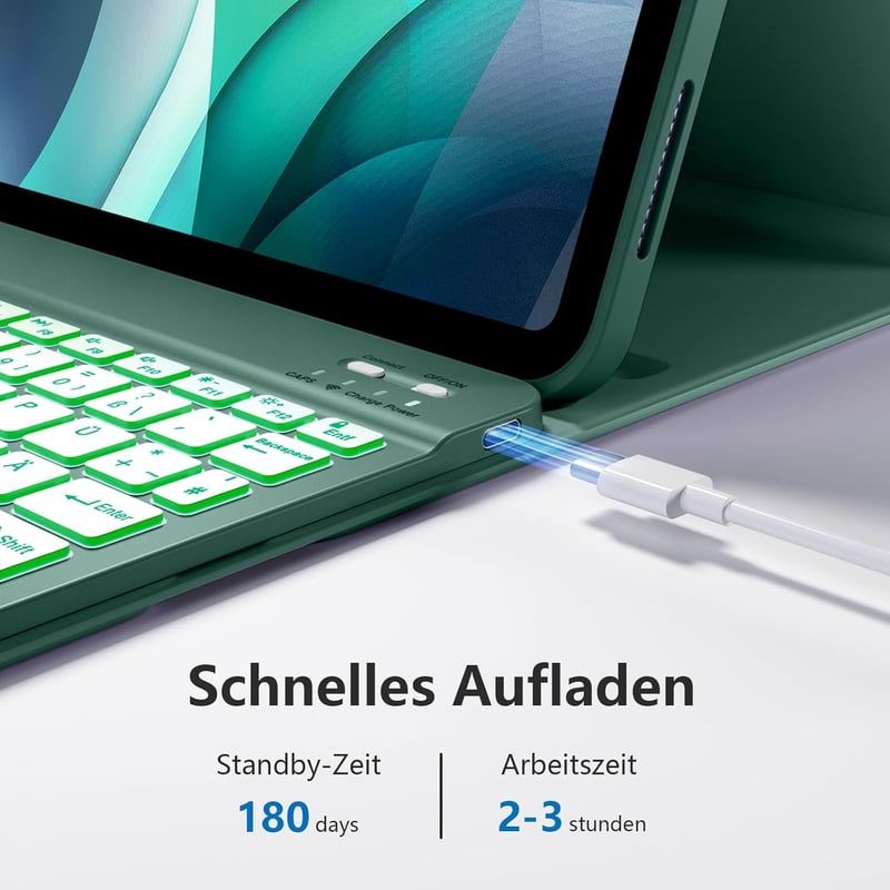 drivego iPad 11/10 generációs tok billentyűzettel, 7 színű LED világítás, mágneses, toll tartóval - Pine Green