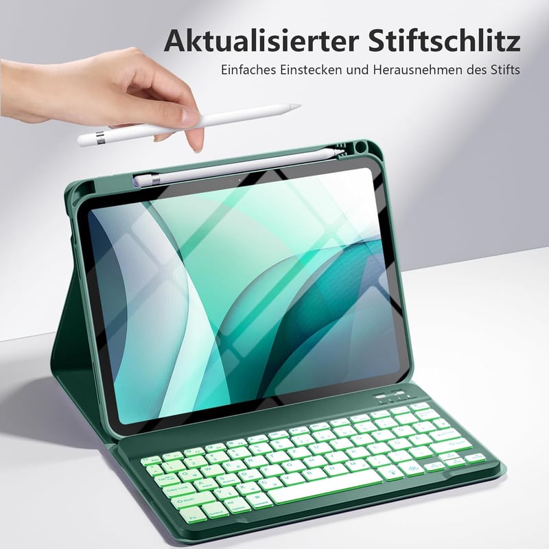 drivego iPad 11/10 generációs tok billentyűzettel, 7 színű LED világítás, mágneses, toll tartóval - Pine Green