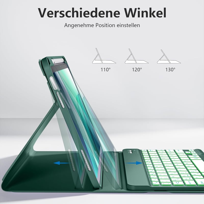 drivego iPad 11/10 generációs tok billentyűzettel, 7 színű LED világítás, mágneses, toll tartóval - Pine Green