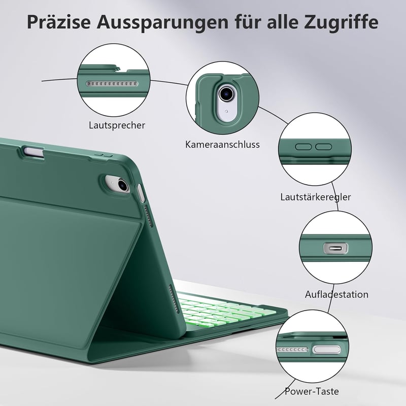 drivego iPad 11/10 generációs tok billentyűzettel, 7 színű LED világítás, mágneses, toll tartóval - Pine Green