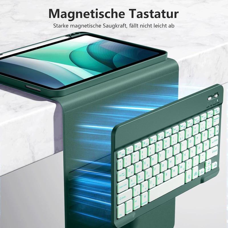drivego iPad 11/10 generációs tok billentyűzettel, 7 színű LED világítás, mágneses, toll tartóval - Pine Green