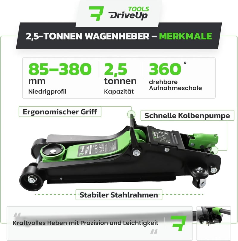 DriveUpTools hidraulikus emelő 2.5T 85-350mm emeléssel 2500kg terhelhetőség
