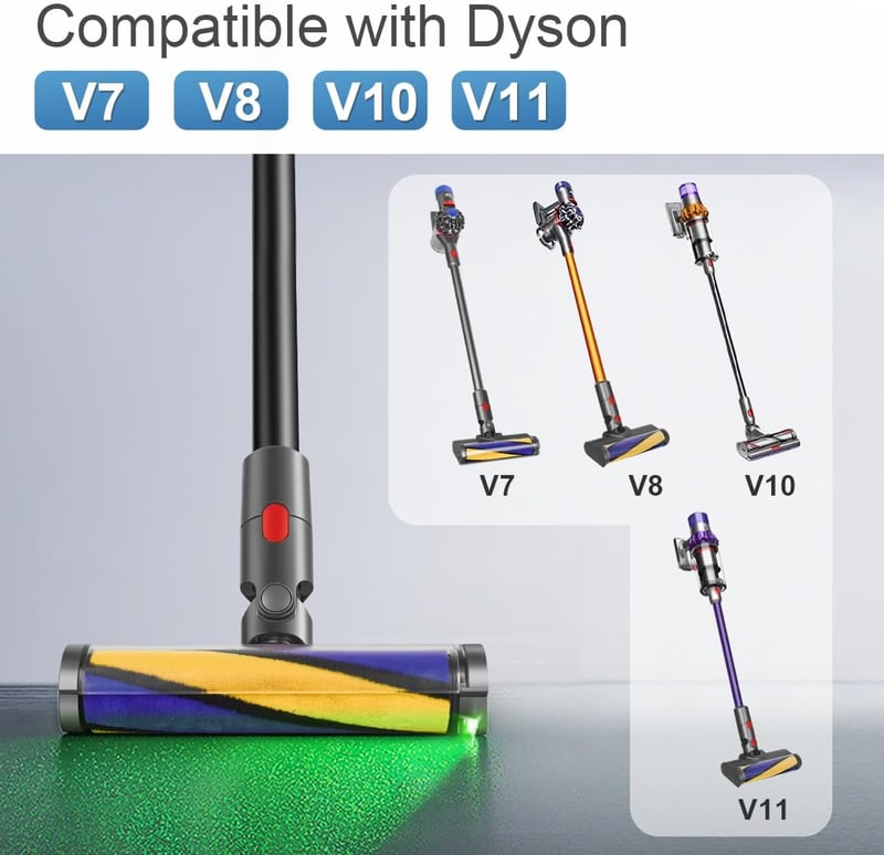 DrRobor LED Világításos Puha Görgős Padlófej Dyson V7 V8 V10 V11 Porszívókhoz - Mosható Tisztítófej Kemény Padlóhoz, 180° Forgatható
