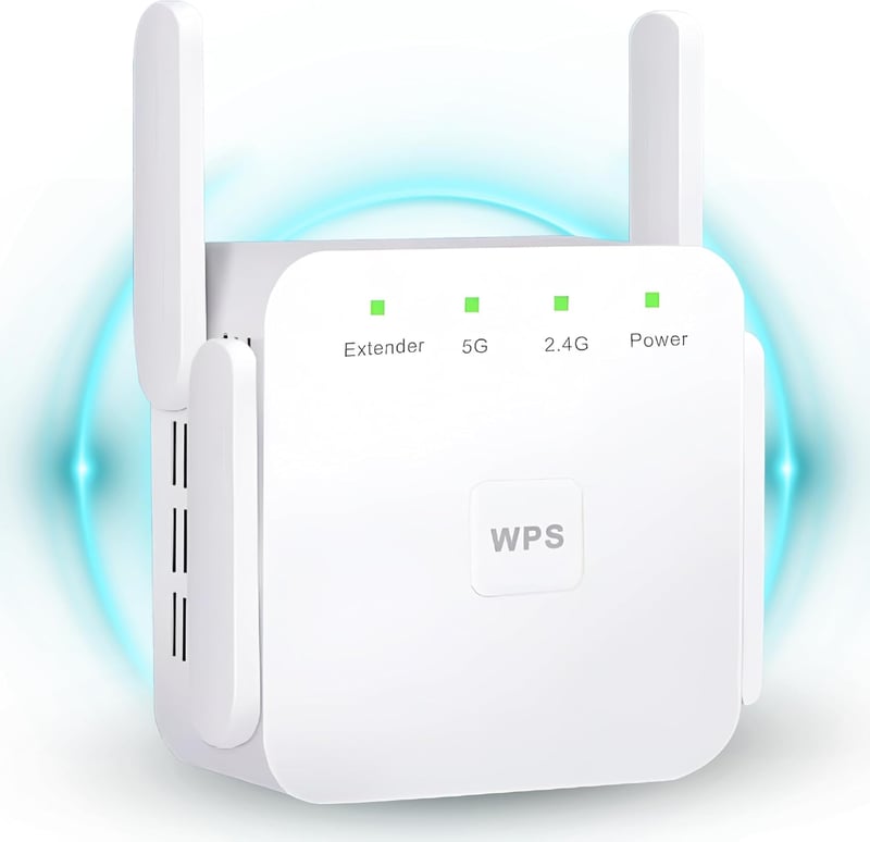 DRS Products Dual Band WiFi Jelismétlő 2.4GHz 300Mbps/5GHz 1200Mbps - 4 Irányított Antennával és LAN Porttal, Fehér Színben