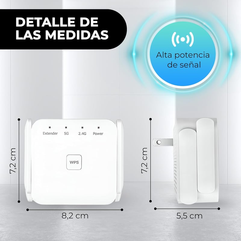 DRS Products Dual Band WiFi Jelismétlő 2.4GHz 300Mbps/5GHz 1200Mbps - 4 Irányított Antennával és LAN Porttal, Fehér Színben