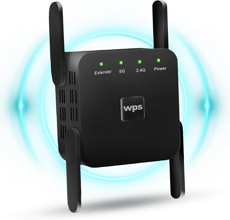 DRS Products Dual Band WiFi Jelismétlő 2.4GHz 300Mbps/5GHz 1200Mbps - 4 Irányított Antennával és LAN Porttal, Fekete