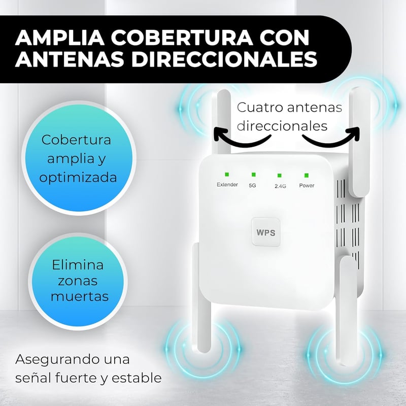 DRS Products Dual Band WiFi Jelismétlő 2.4GHz 300Mbps/5GHz 1200Mbps - 4 Irányított Antennával és LAN Porttal, Fehér Színben