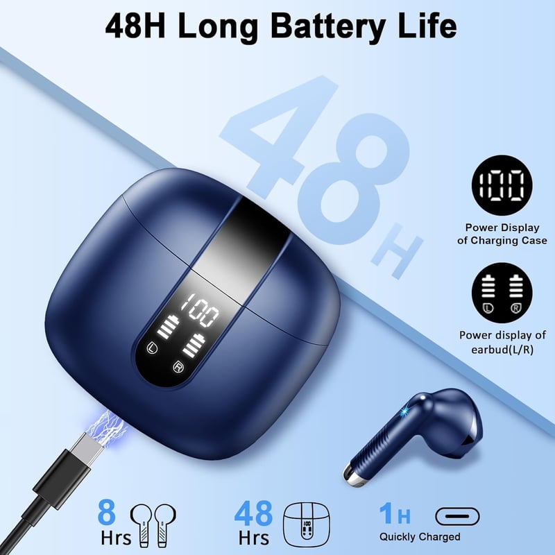 Drsaec J55 Bluetooth Fülhallgató - Vezeték Nélküli 5.3, 4 Mikrofon, ENC Zajszűrés, 48 Órás Üzemidő, LED Kijelzős Tok, IP7 Vízálló, Kék