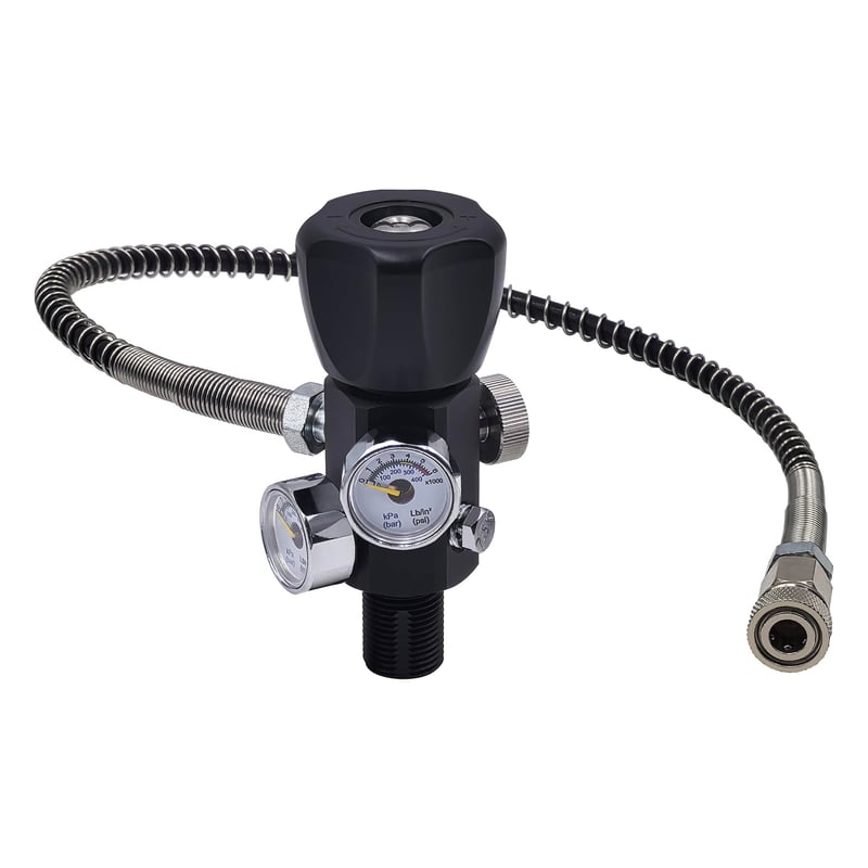 Adaptér plniacej stanice ventilu DRYHTEN DIN 4500 psi / 300 bar s 50 cm hadicou, dvojitým manometrom, pre potápačské fľaše, paintball, PCP, airsoft, HPA fľaše M18x1.5