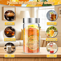 DUBUOZA 4 ks sklenené fľaše 300 ml s nerezovým uzáverom, odmernou stupnicou, opakovane použiteľný pohár na smoothie, džús, kávu, mlieko, t 4