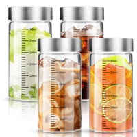 DUBUOZA 4 ks sklenené fľaše 300 ml s nerezovým uzáverom, odmernou stupnicou, opakovane použiteľný pohár na smoothie, džús, kávu, mlieko, t 1
