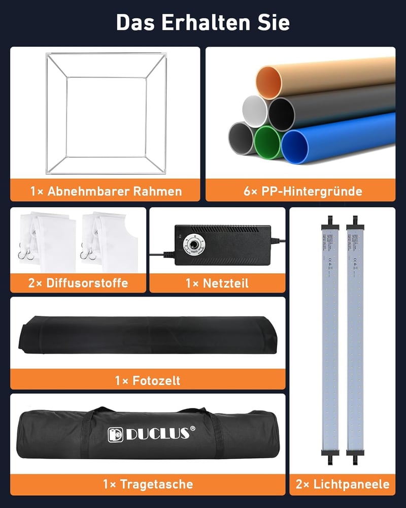 DUCLUS 60 cm Professzionális Fotódoboz LED Világítással, 6 Háttérrel