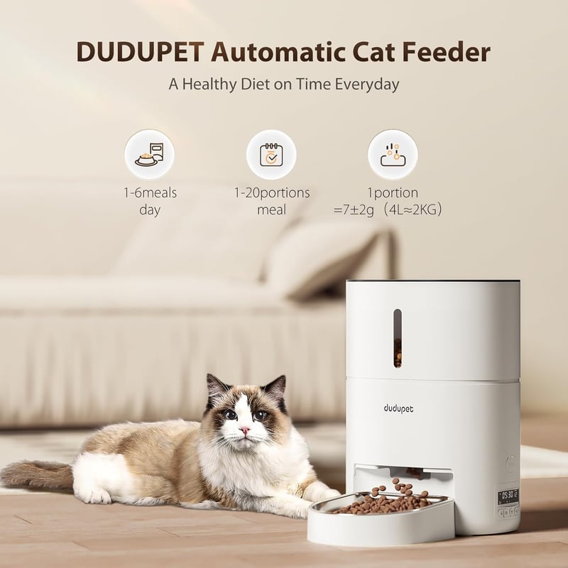 DUDUPET Automata Macska Etető 4L - Időzíthető Adagoló Rozsdamentes Acél Tállal, 10mp Hangfelvétellel, Napi 6 Étkezéshez, Beltéri Használatra