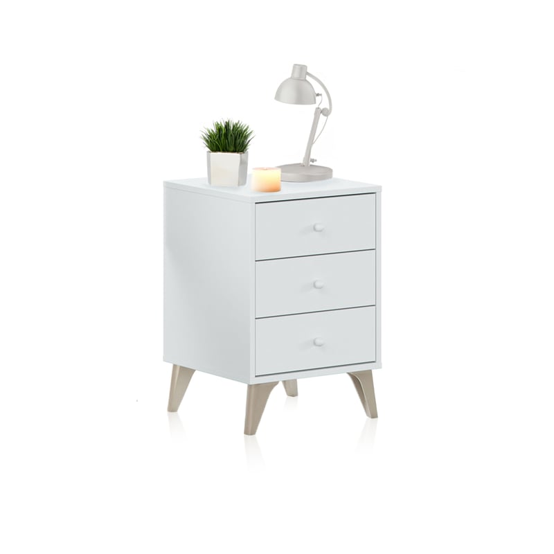 Noptieră Duehome Iconic cu 3 sertare, finisaj alb (Blanco Artik), dimensiuni 40 x 33,5 x 56 cm