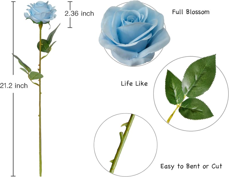 DuHouse 10 db Selyem Rózsa Mesterséges Virág 54 cm Égkék Dekoráció Esküvő