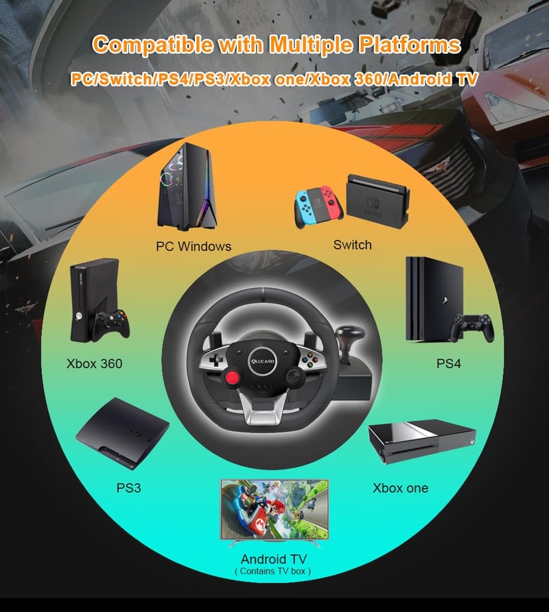 DuLingKer 270 fokos fekete gaming kormány pedállal és váltóval, kormánykerék rezgés visszajelzéssel PC PS4 Switch PS3 Xbox One Xbox 360 Andr