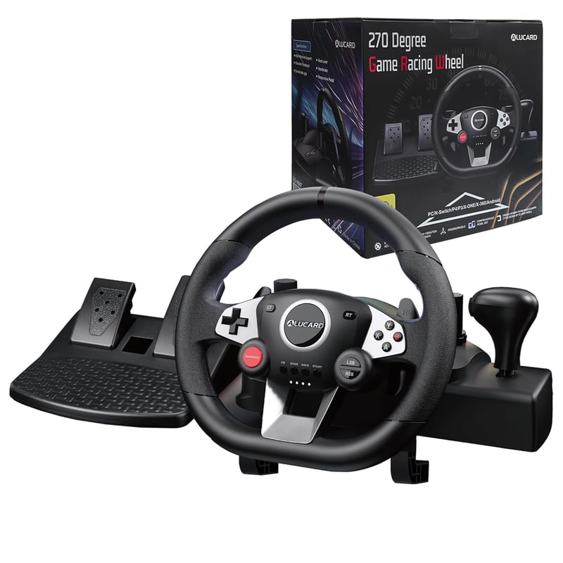 DuLingKer 270 fokos fekete gaming kormány pedállal és váltóval, kormánykerék rezgés visszajelzéssel PC PS4 Switch PS3 Xbox One Xbox 360 Andr