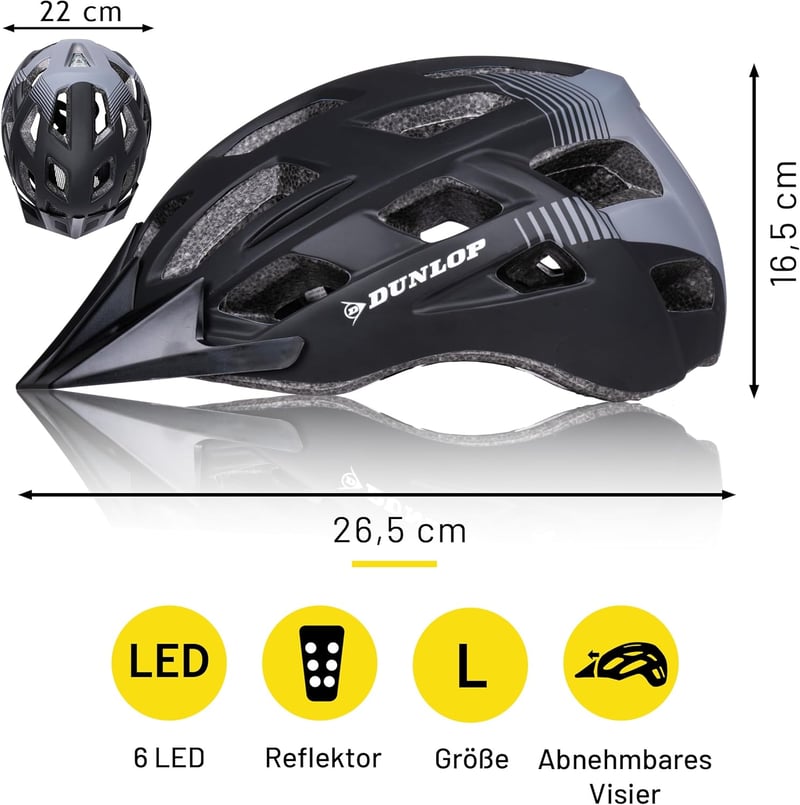 Dunlop kerékpáros sisak LED világítással - férfi és női - 3 fénymód - fekete