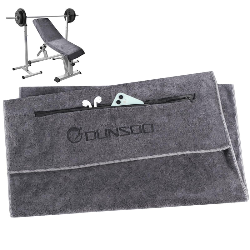 Prosop de fitness Dunsoo 120x50 cm, prosop sport din microfibră cu buzunare cu fermoar pentru sală, gri închis