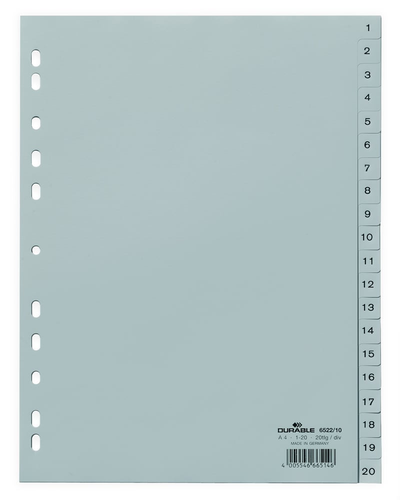 Durable 652210 Registru numeric A4, clape embosate 1-20, 20 file, gri, acoperire completă PP