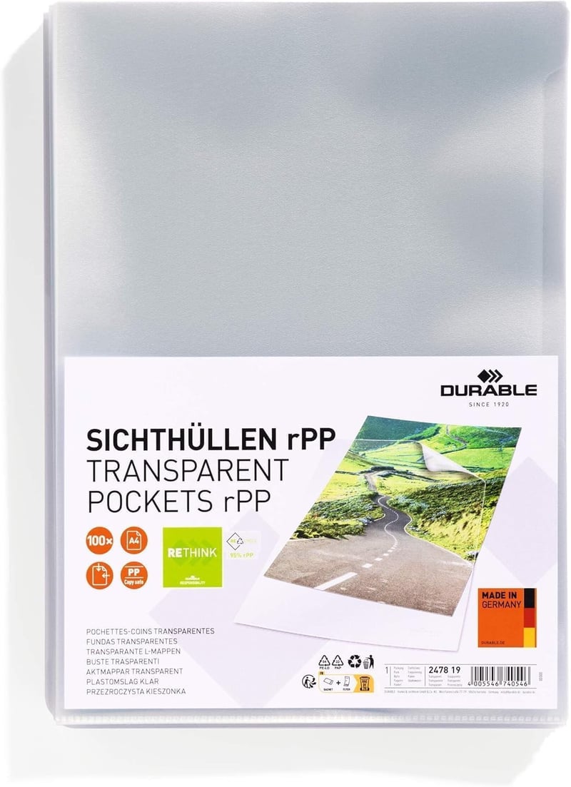 Folii transparente pentru documente Durable A4, 100 buc, mape din plastic transparent perforate, 247819