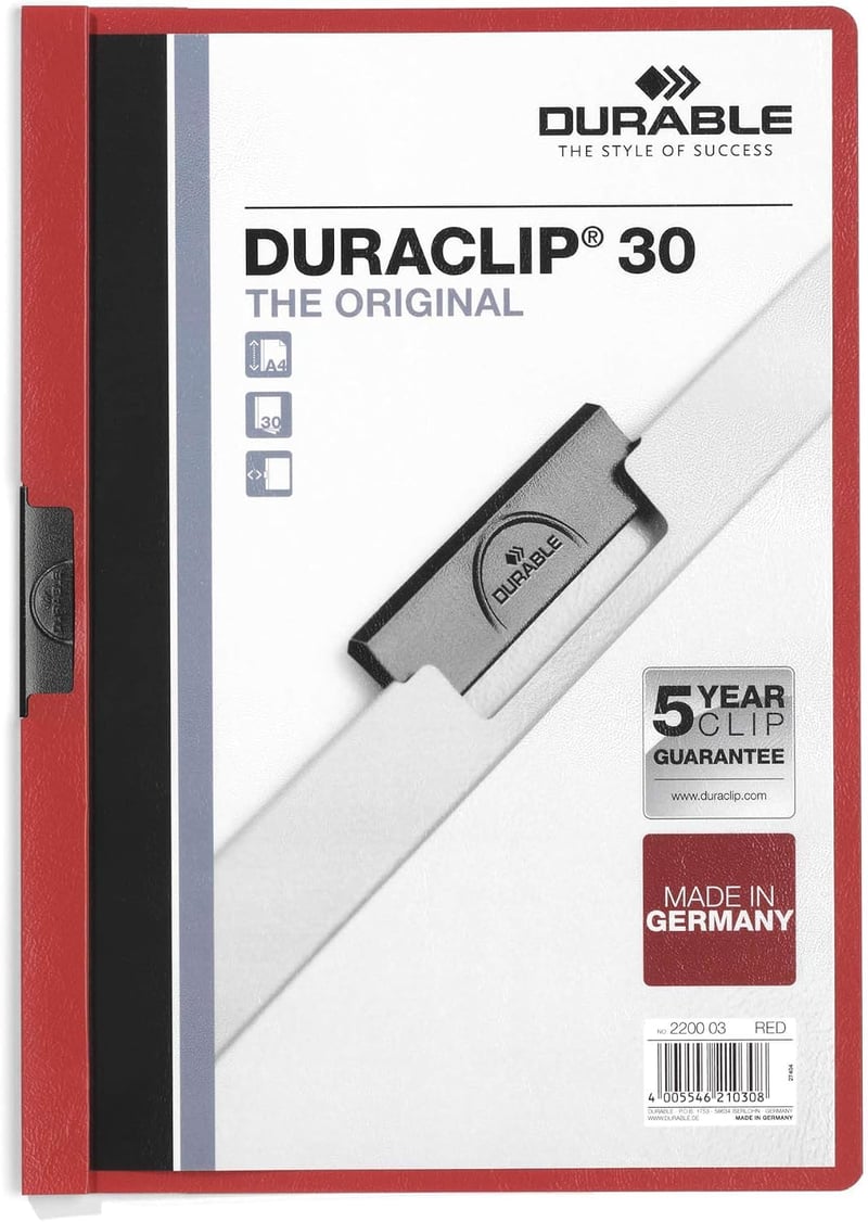 Durable DURACLIP 30 Upínacia doska A4 – červená, balenie 25 ks, zakladač s PVC klipom